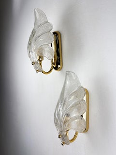 Pair of Murano Frosted Leaf Sconces, Textured Glass & Gilt Brass, Italy, 1970s