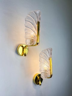 Pair of Murano Frosted Leaf Sconces, Textured Glass & Gilt Brass, Italy, 1970S