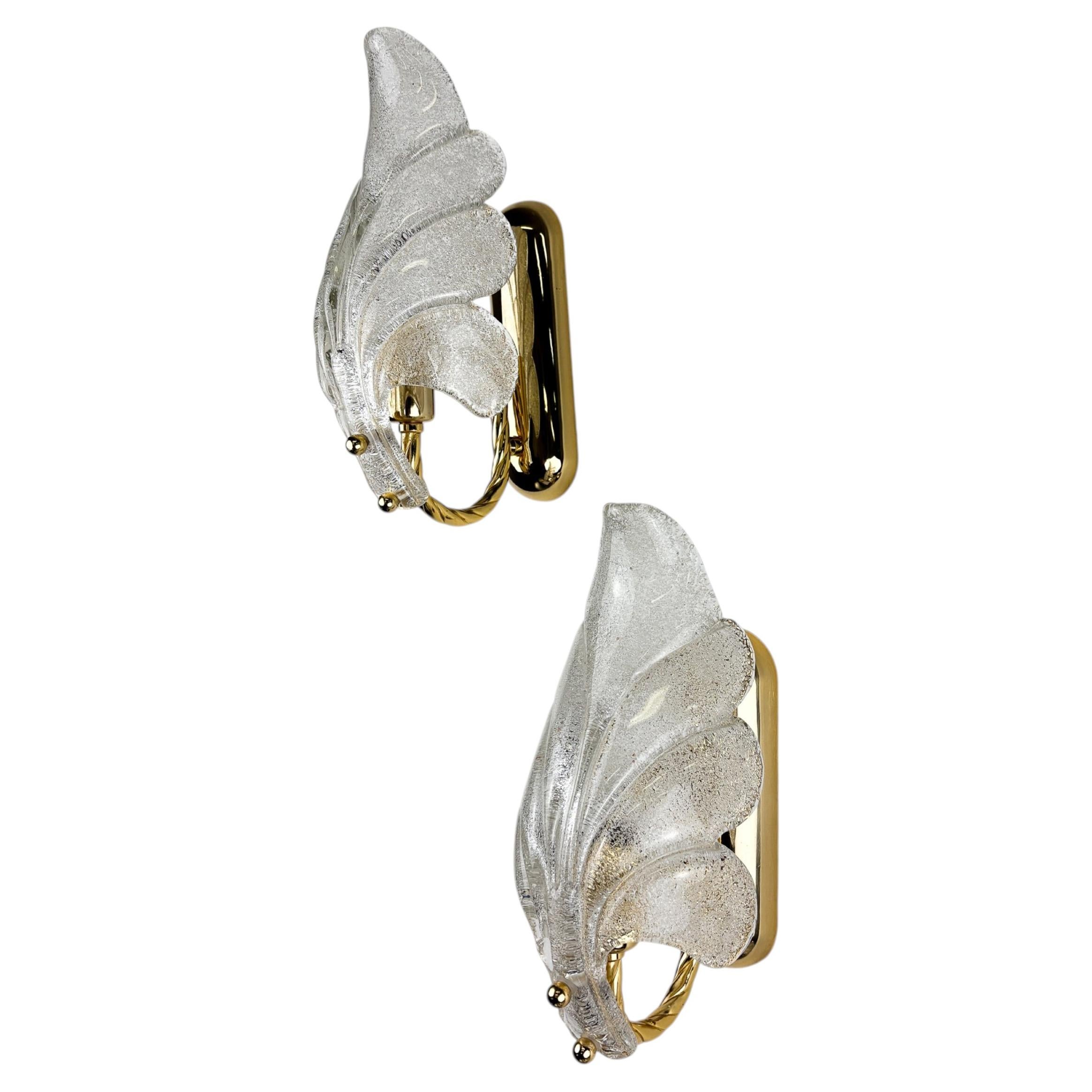 Pair of Murano Frosted Leaf Sconces, Textured Glass & Gilt Brass, Italy, 1970s