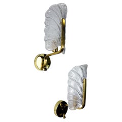 Pair of Murano Frosted Leaf Sconces, Textured Glass & Gilt Brass, Italy, 1970S
