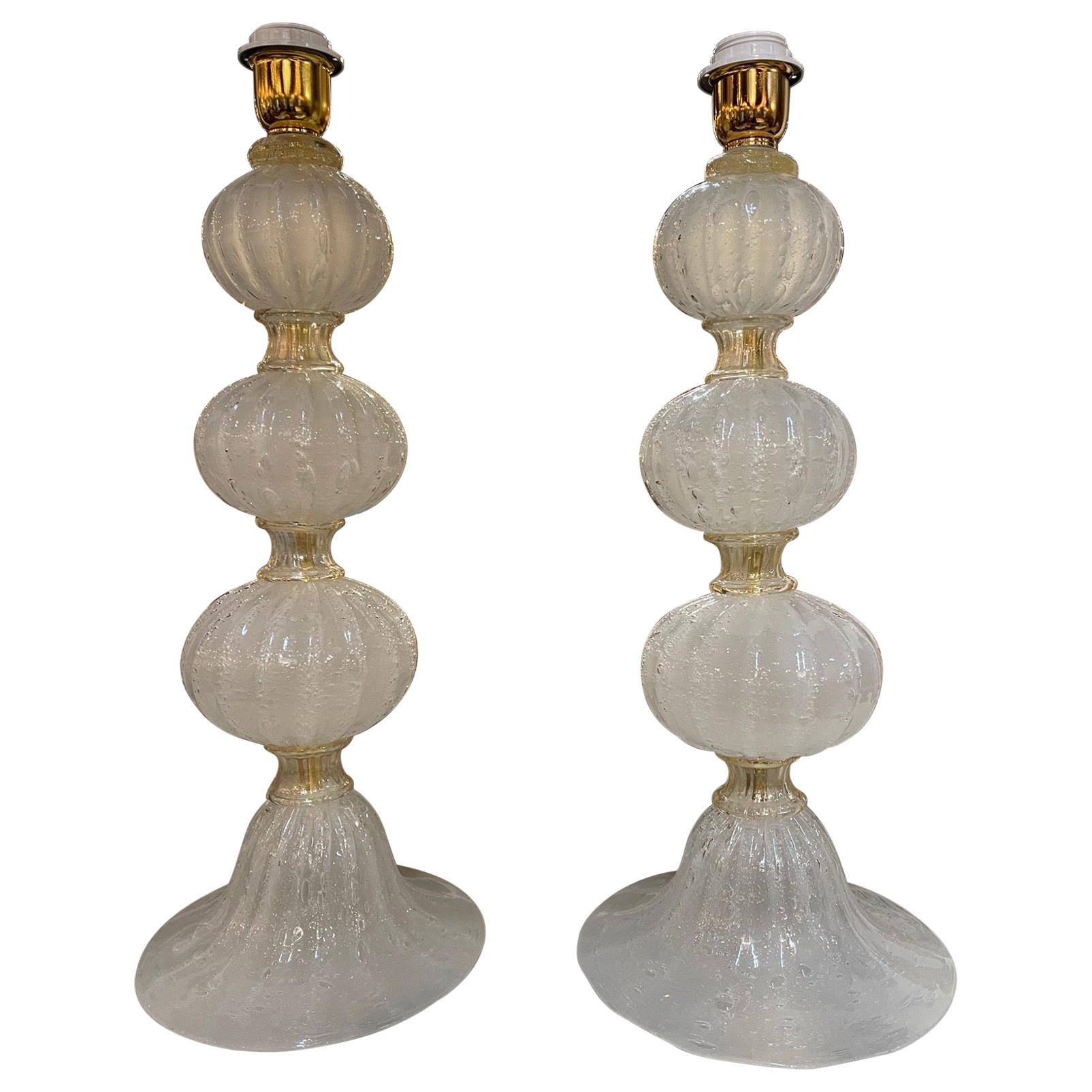 Pair of Murano Frosted Silk Glass Ball Form Lamps