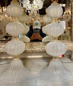 Pair of Murano Frosted Silk Glass Ball Form Lamps