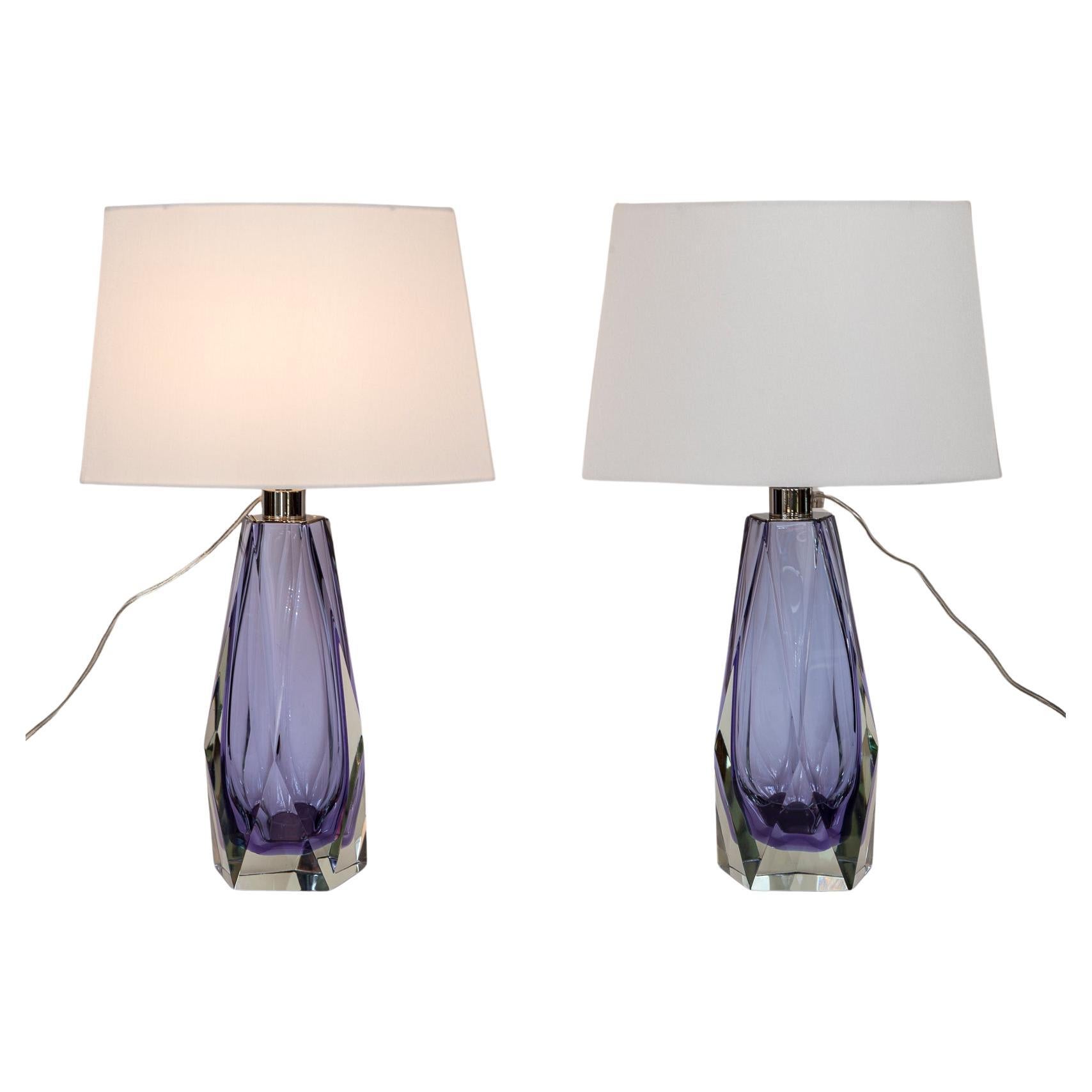 Modern artisan blown, hand cut and hand polished gem faceted lamps in a stunning lilac color with polished nickel on brass lamping. Note these are glass enclosed at the base.   This beautiful blown color is alexandrite (Nd²O³) which can turn more