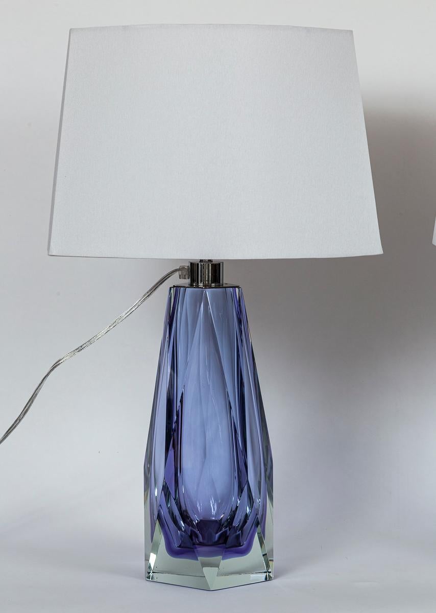 Blown Glass Pair of Murano Gem Faceted Lilac Table Lamps, Contemporary For Sale