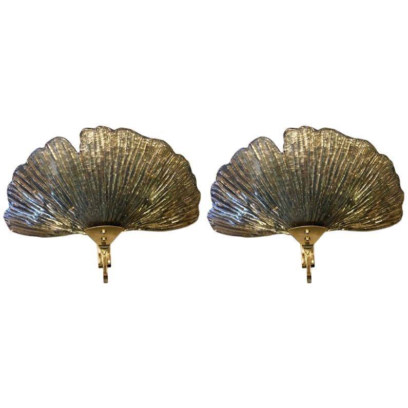 Pair of Murano Gilt and Silvered Mirrored Glass Shell Sconces, 1980s