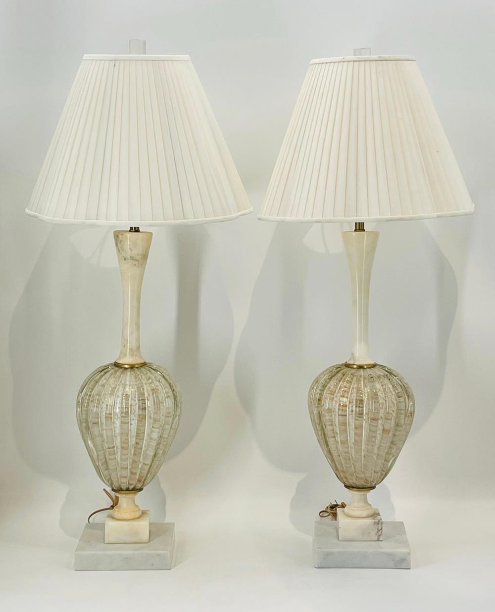 Mid-Century Modern Pair of Murano Glass & Alabaster Table Lamps, Italy 1960's For Sale