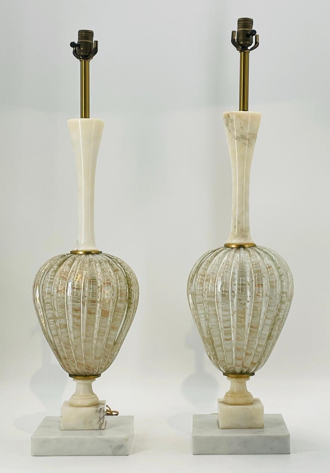 Italian Pair of Murano Glass & Alabaster Table Lamps, Italy 1960's For Sale