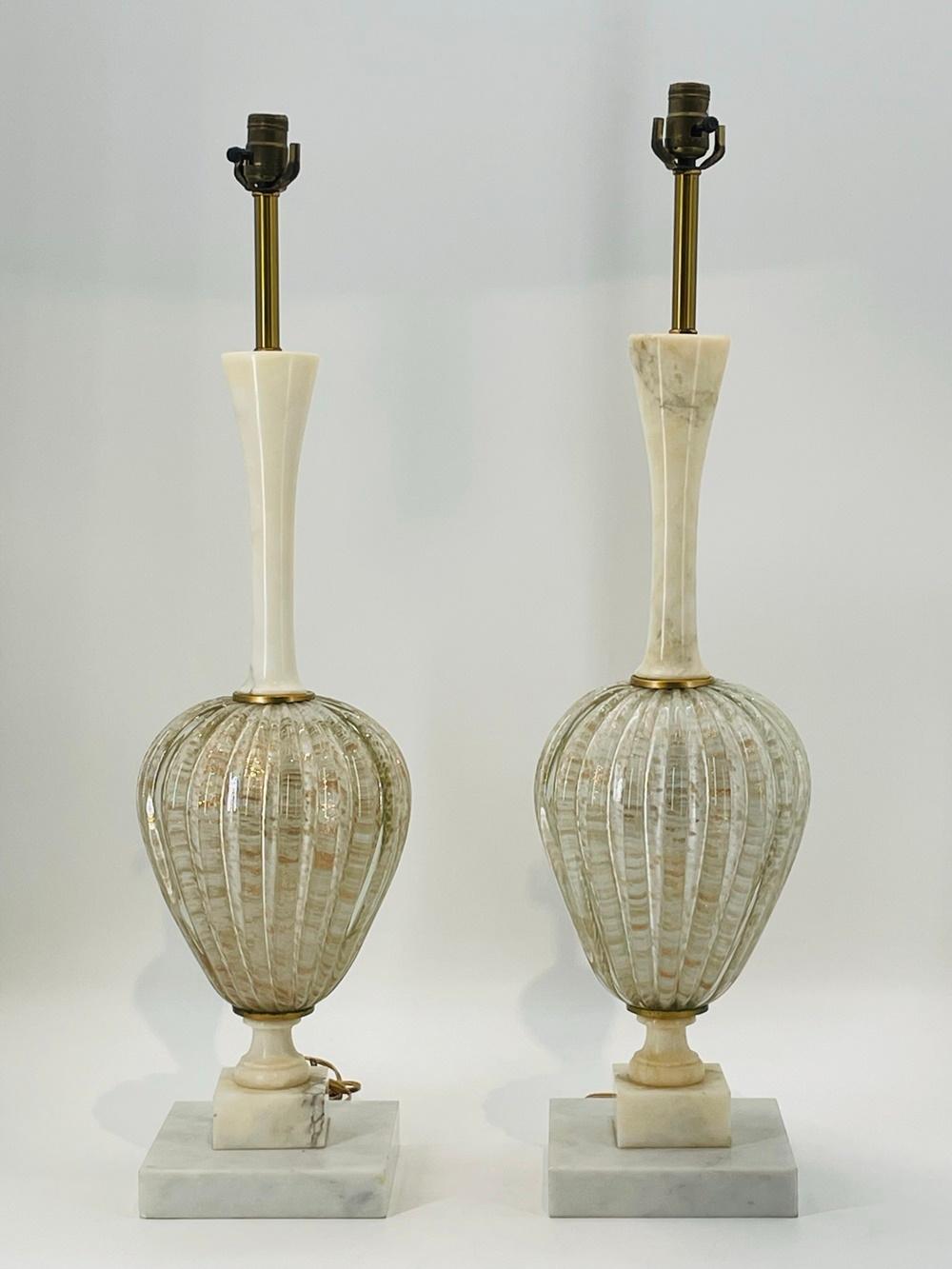Hand-Crafted Pair of Murano Glass & Alabaster Table Lamps, Italy 1960's For Sale