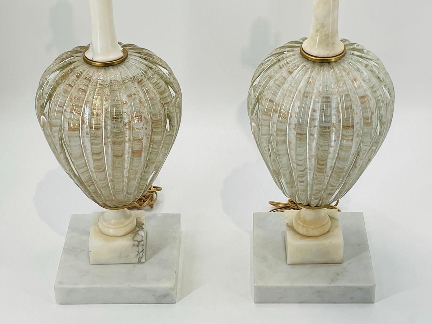 Pair of Murano Glass & Alabaster Table Lamps, Italy 1960's In Good Condition For Sale In Los Angeles, CA