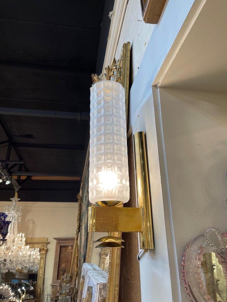 Italian Pair of Murano Glass and Brass Barber Style Sconces For Sale