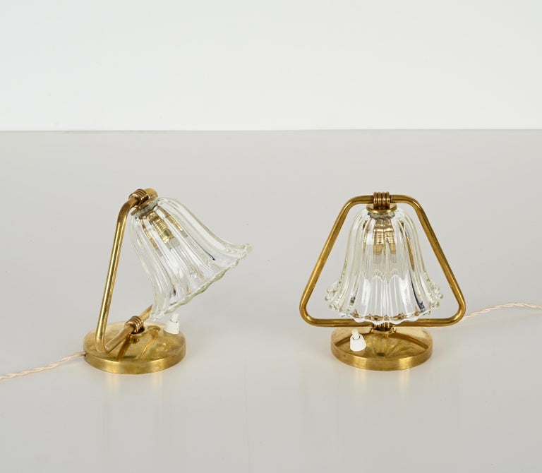 Pair of Murano Glass and Brass Bell Table Lamps by Barovier, Italy