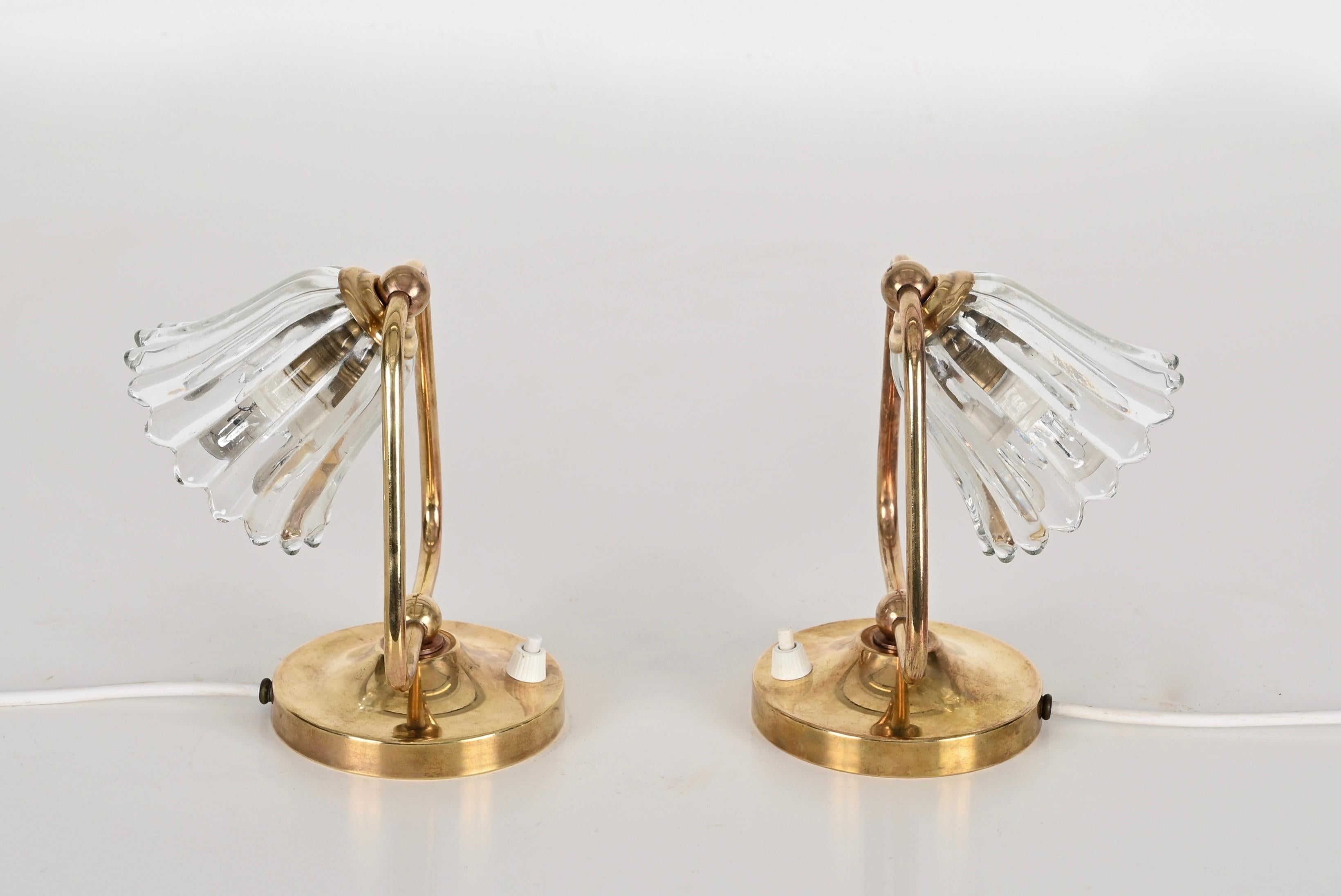 20th Century Pair of Murano Glass and Brass Bell Table Lamps by Barovier, Italy, 1940s For Sale