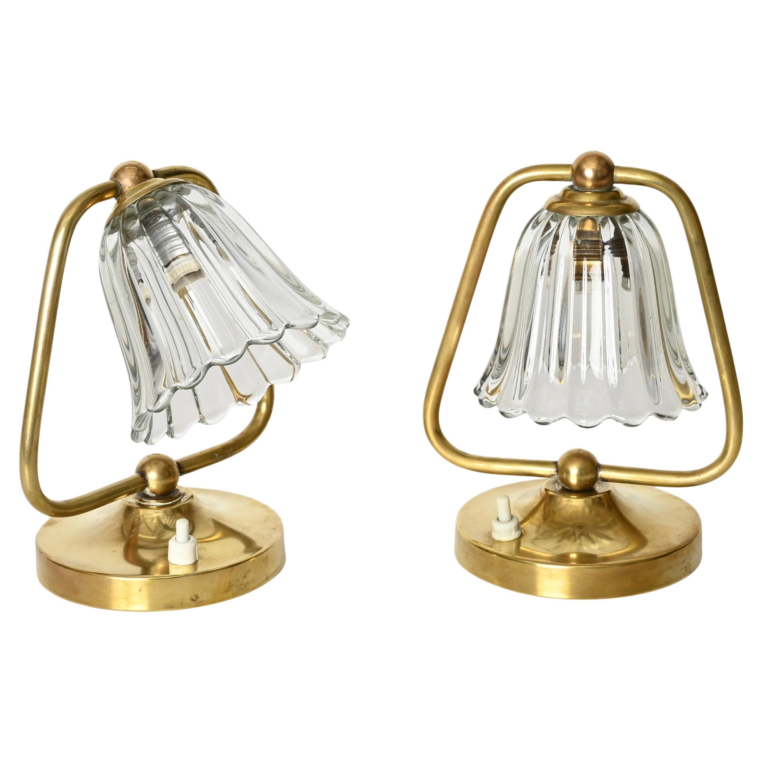 Pair of Murano Glass and Brass Bell Table Lamps by Barovier, Italy, 1940s
