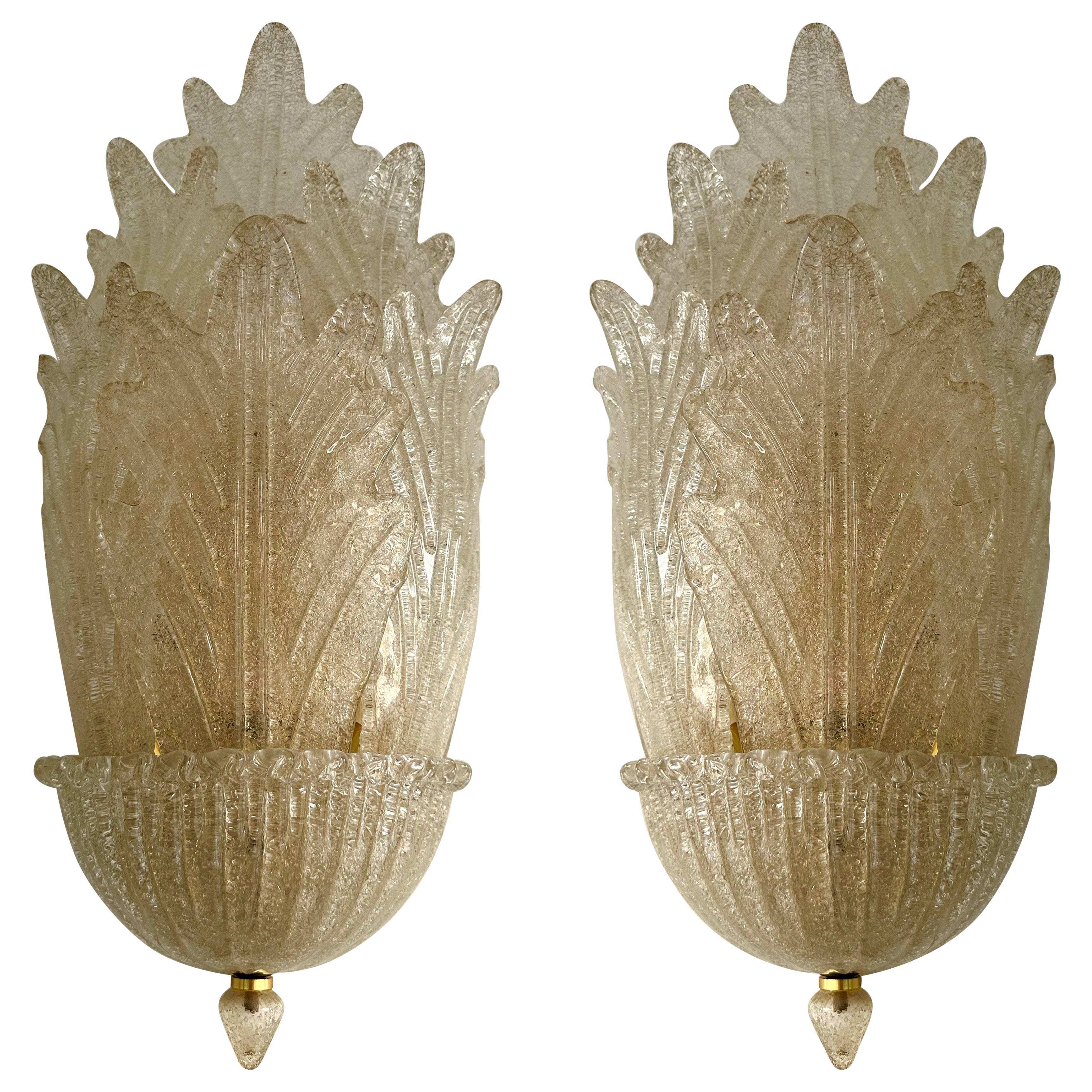 Pair of Murano Glass and Brass Flame Palm Tree Sconces, Italy, 1970s