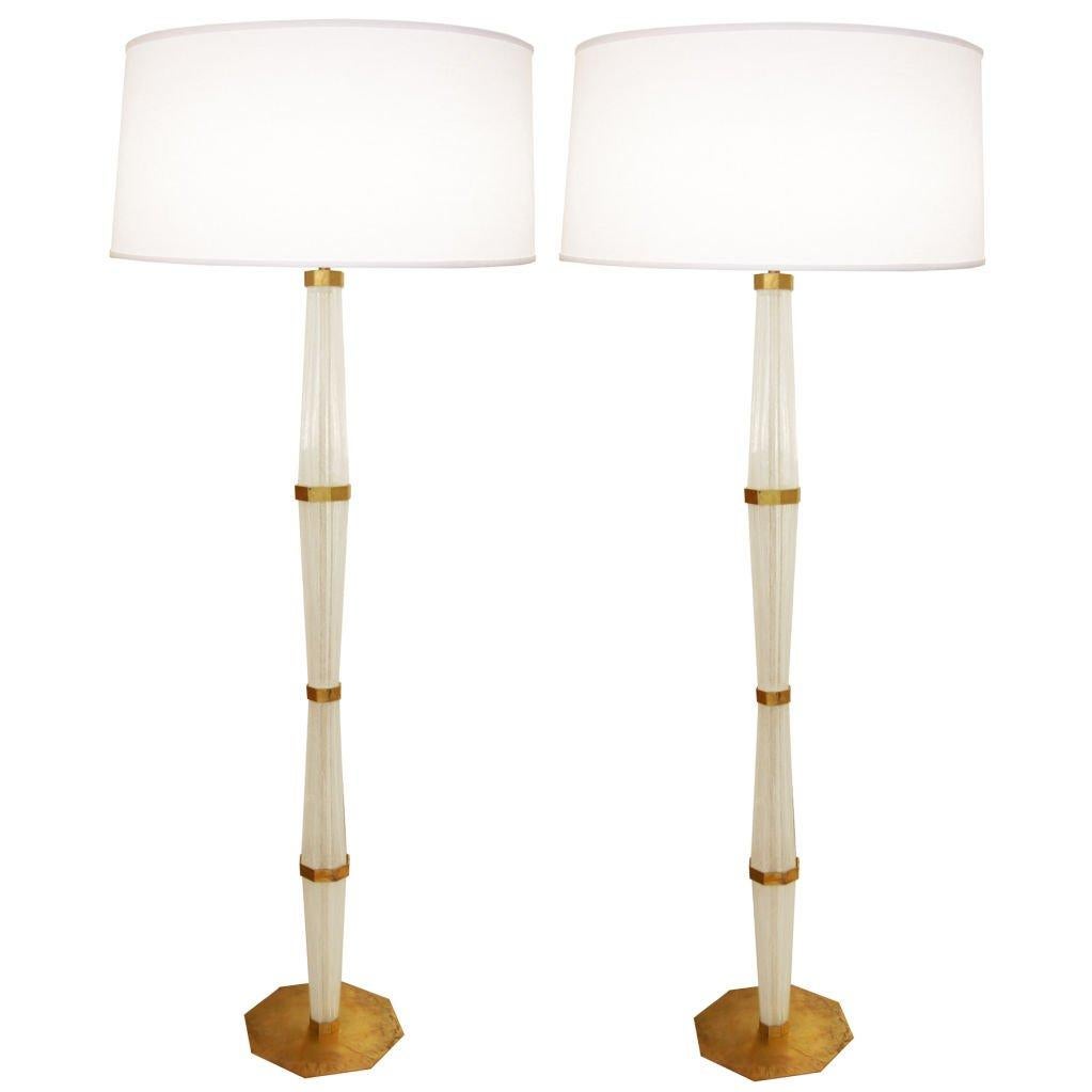 Italian Pair of Murano Glass and Brass Floor Lamps For Sale