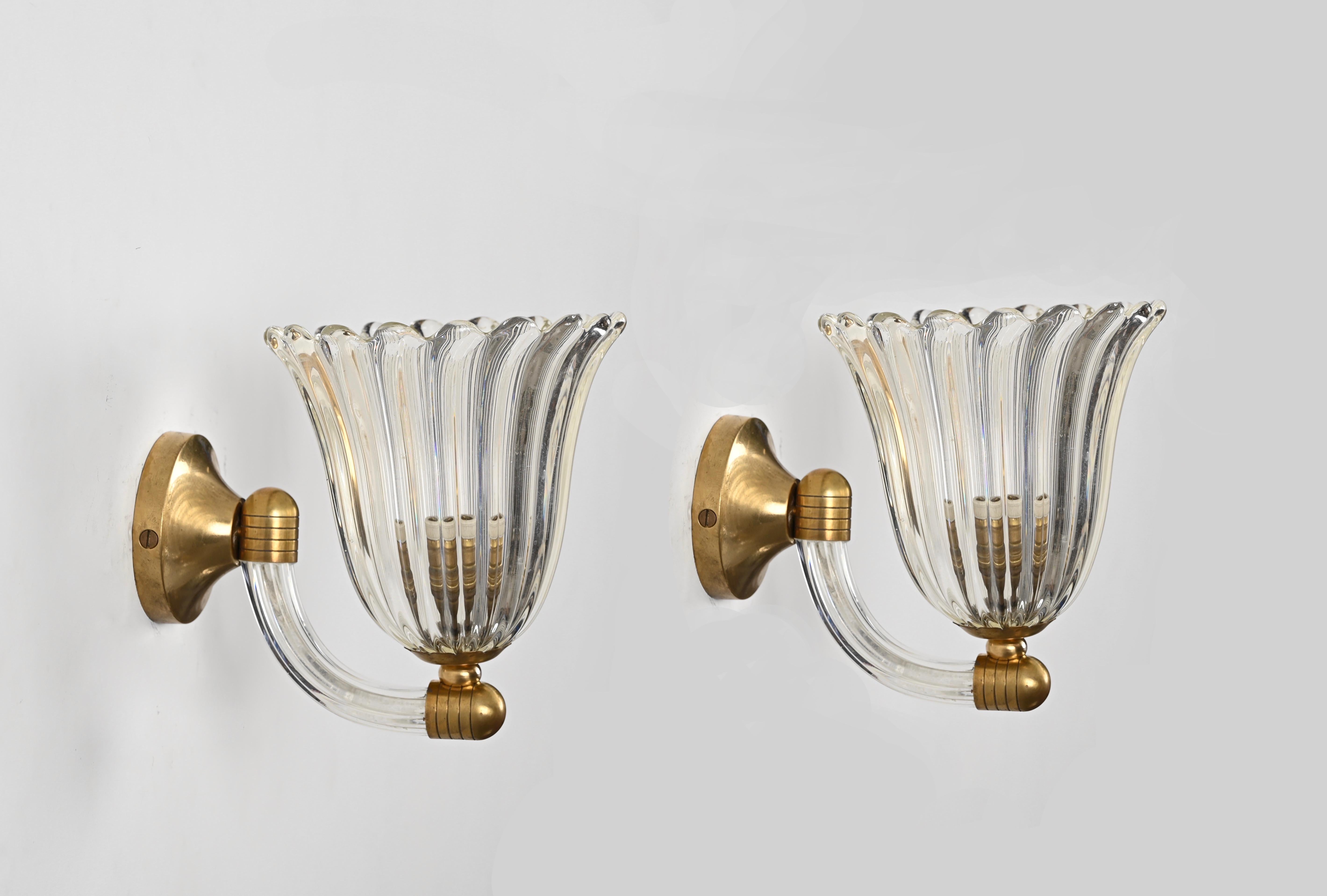 Pair of Murano Glass and Brass Flower Sconces, by Barovier, Italy 1950s 2