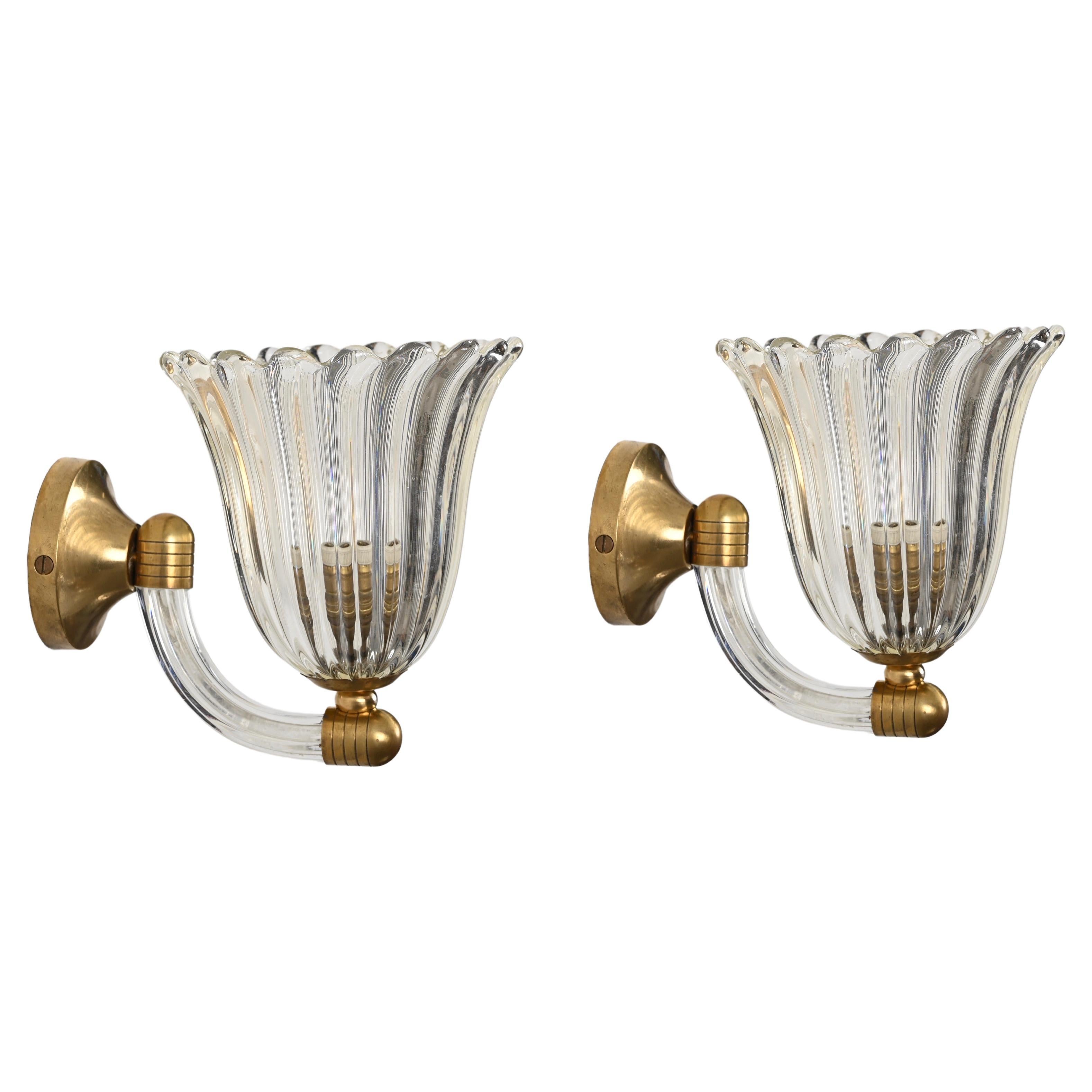 Pair of Murano Glass and Brass Flower Sconces, by Barovier, Italy 1950s 6