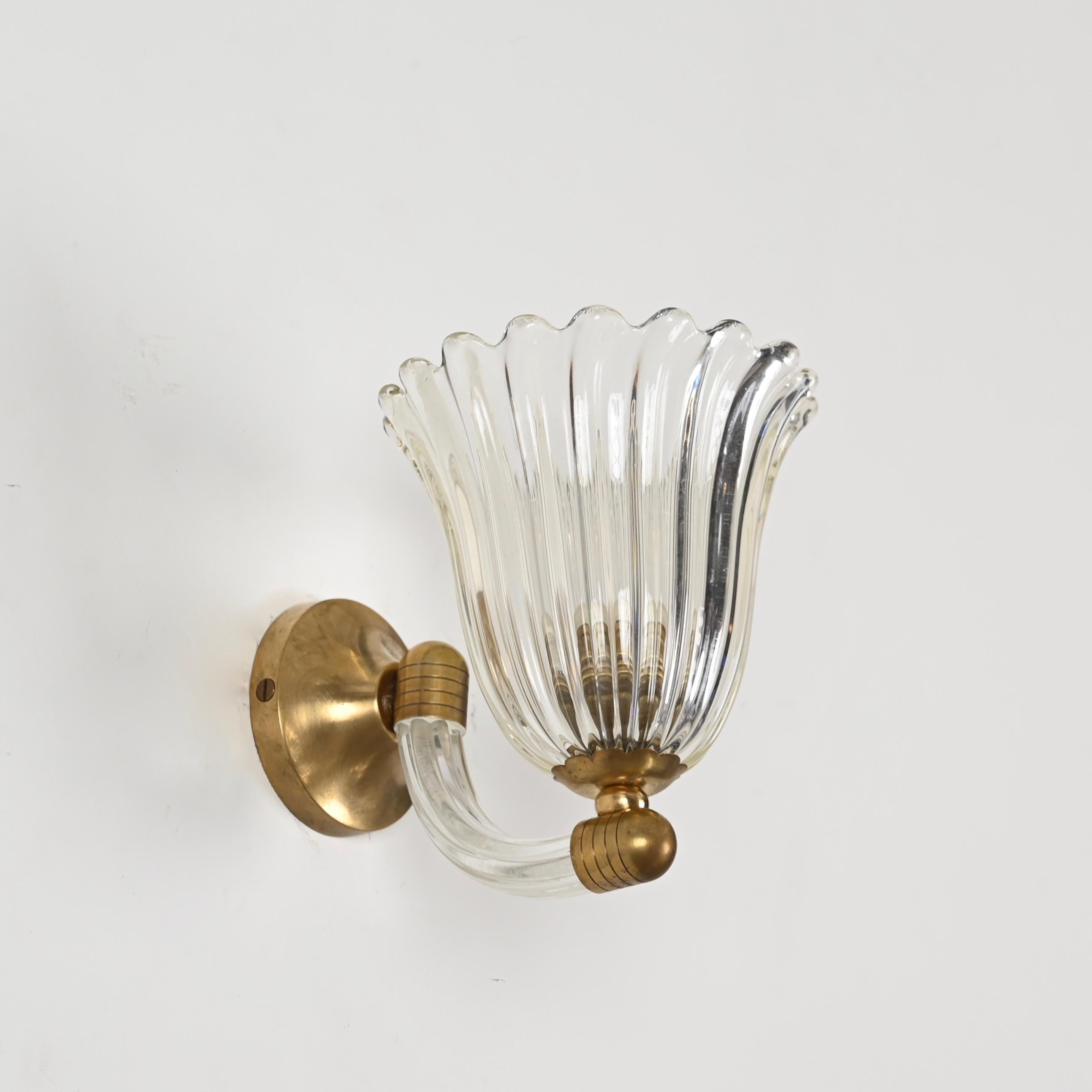 Mid-Century Modern Pair of Murano Glass and Brass Flower Sconces, by Barovier, Italy 1950s