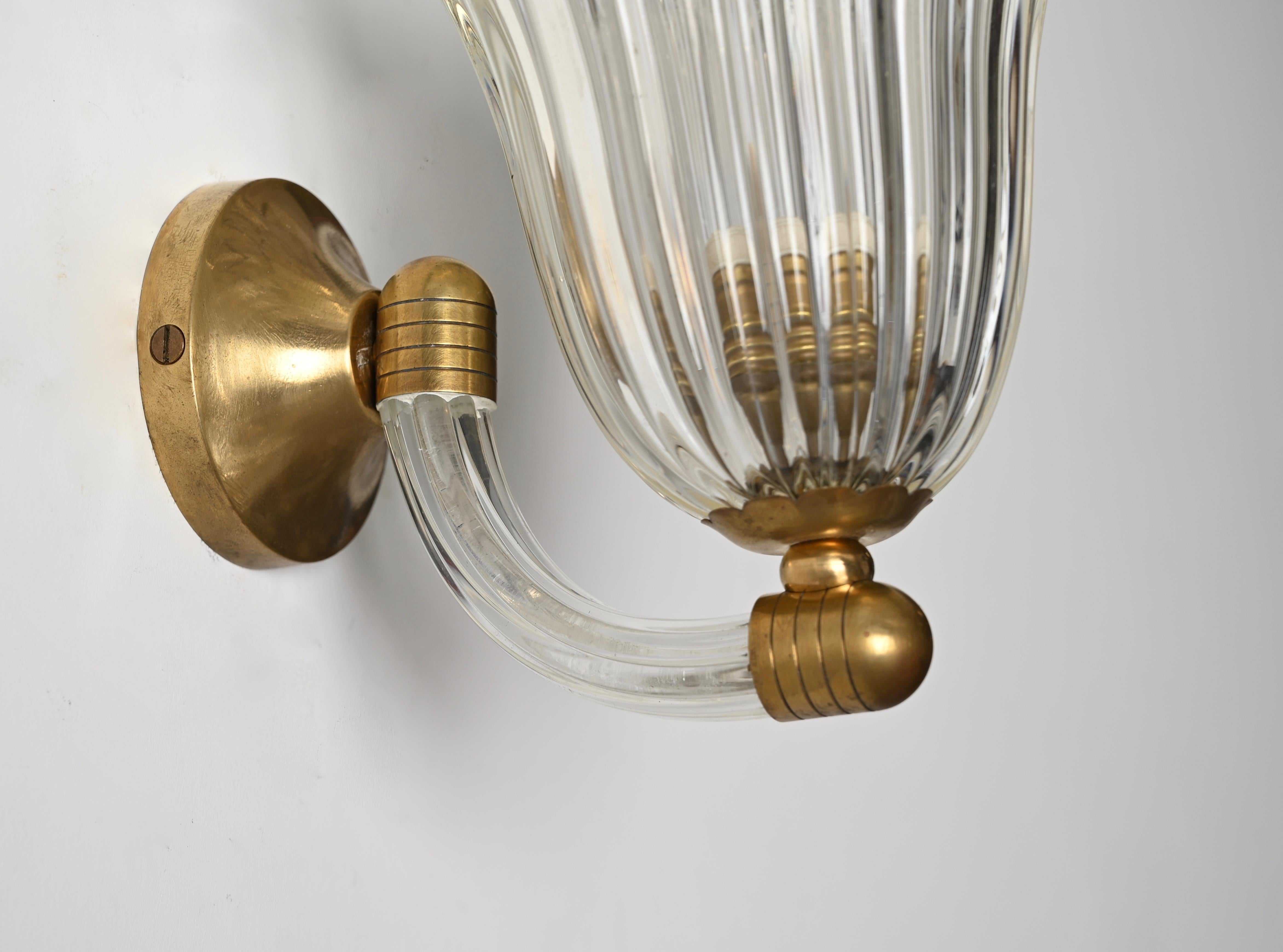 Italian Pair of Murano Glass and Brass Flower Sconces, by Barovier, Italy 1950s
