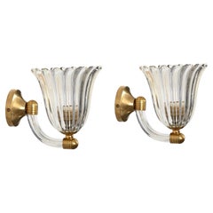 Pair of Murano Glass and Brass Flower Sconces, by Barovier, Italy 1950s