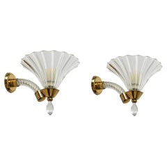 Pair of Murano Glass and Brass Flower Sconces, by Barovier, Italy 1950s