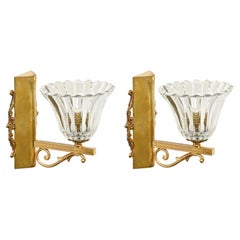 Pair of Murano Glass and Brass Flower Sconces, by Barovier, Italy 1950s