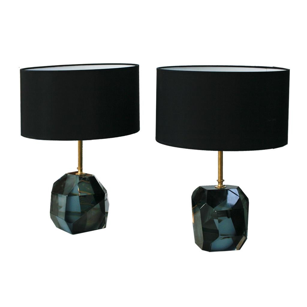 Mid-Century Modern Pair of Murano Glass and Brass Italian Table Lamps