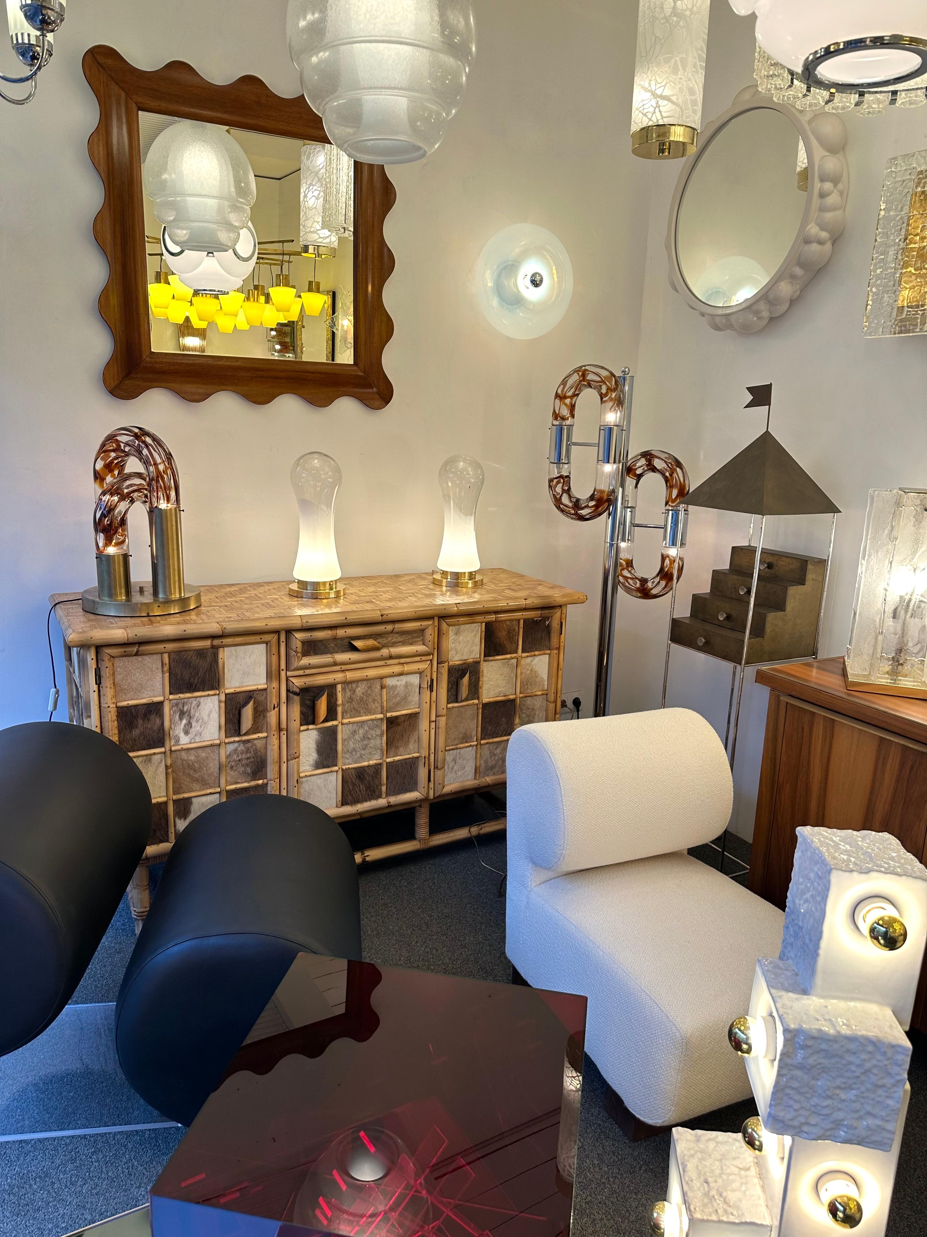 Mid-Century Modern Space Age pair of or set of 2 table or bedside lamps by the manufacture Mazzega. Design attributed to Carlo Nason, brass and Blown Murano glass. Famous manufacture like Venini, Vistosi, La Murrina, Seguso, Carlo Aldo Nason,