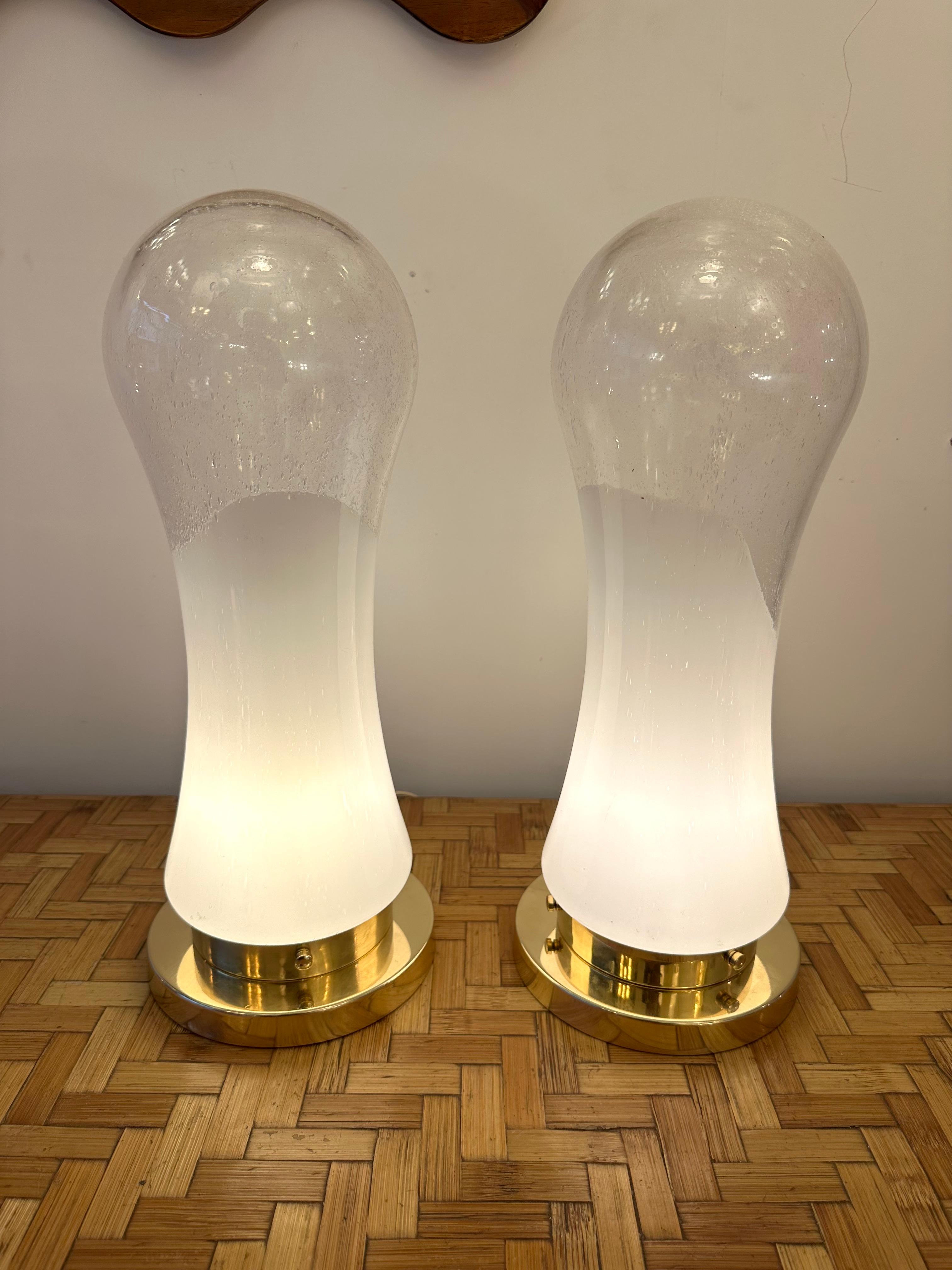 Italian Pair of Murano Glass and Brass Lamps by Mazzega, Italy, 1970s For Sale