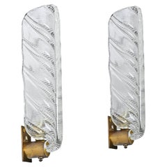Pair of Murano Glass and Brass Leaf Italian Sconces, Barovier, 1950s