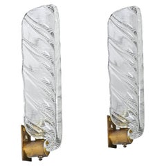 Vintage Pair of Murano Glass and Brass Leaf Italian Sconces, Barovier, 1950s