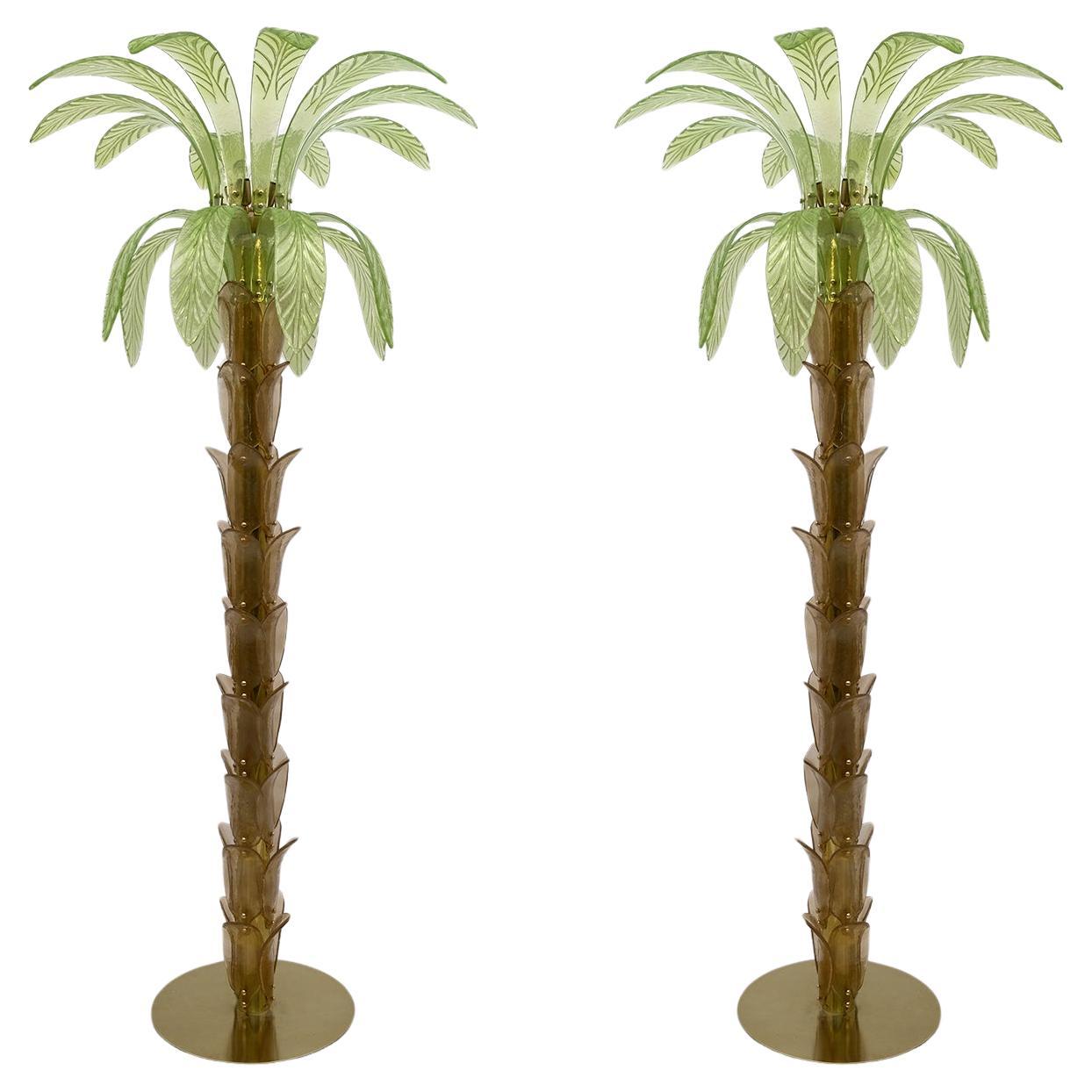 Pair of Murano Glass and Brass Palm Tree Floor Lamp, 1970s