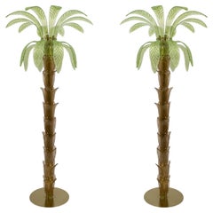 Pair of Murano Glass and Brass Palm Tree Floor Lamp, 1970s