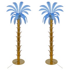 Pareja de lámparas de pie de palmera de cristal de Murano y latón, años 70