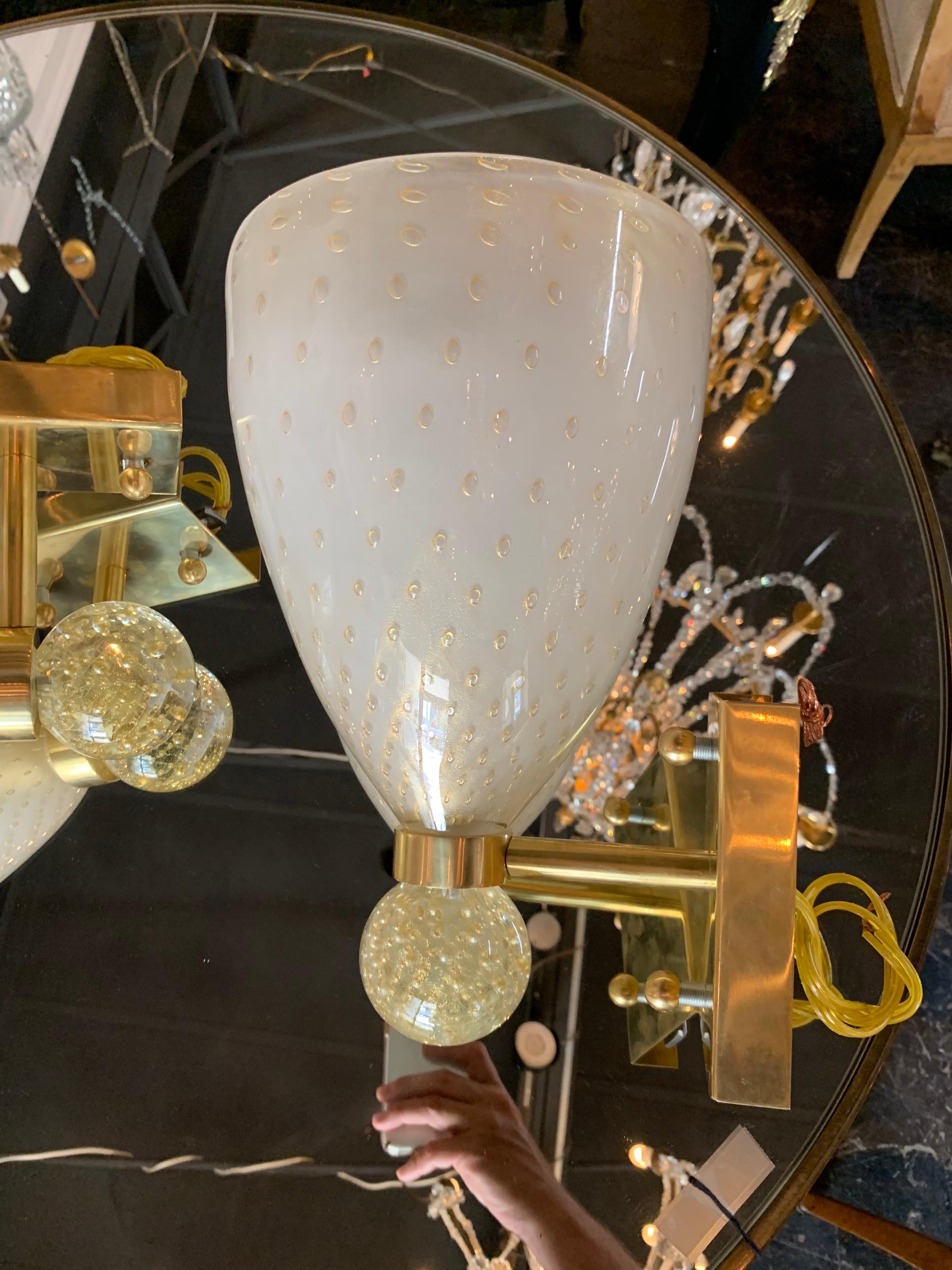 Italian Pair of Murano Glass and Brass Sconces For Sale