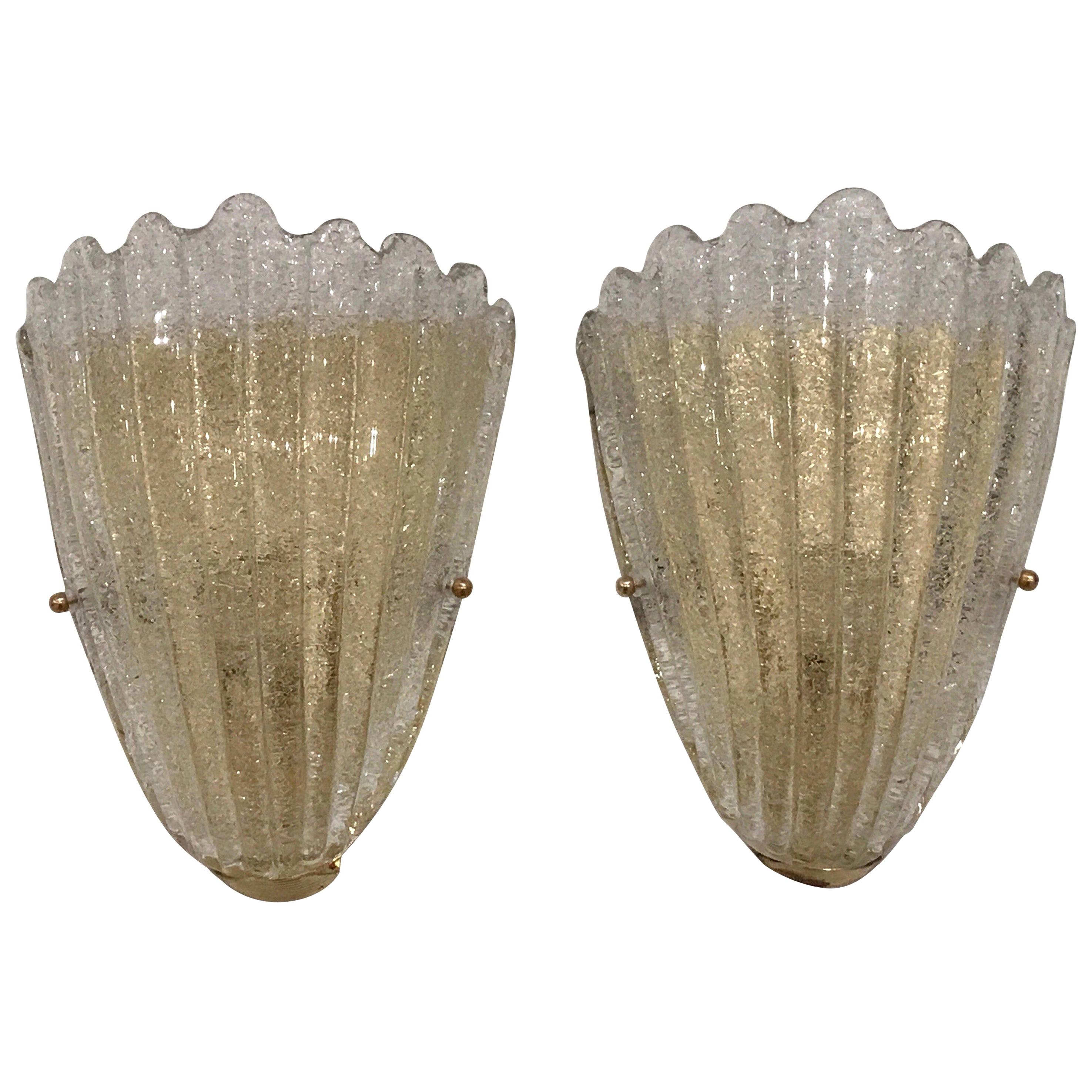 Pair of Murano Glass and Brass Shell Sconces