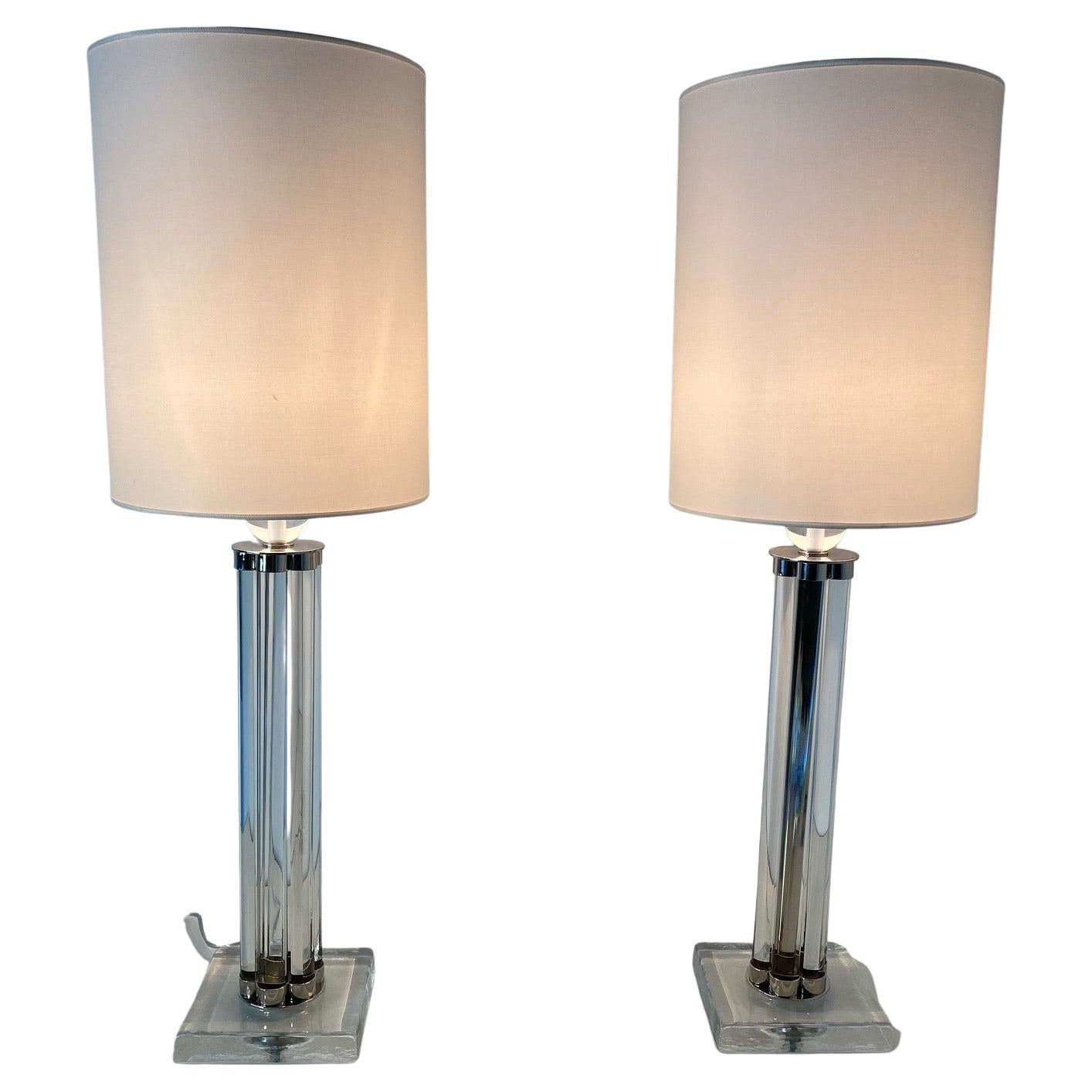 Pair of Murano Glass and Chrome Table Lamp with white lampshade 