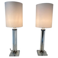 Paire de lampes de bureau en verre de Murano et chrome avec abat-jour blanc 