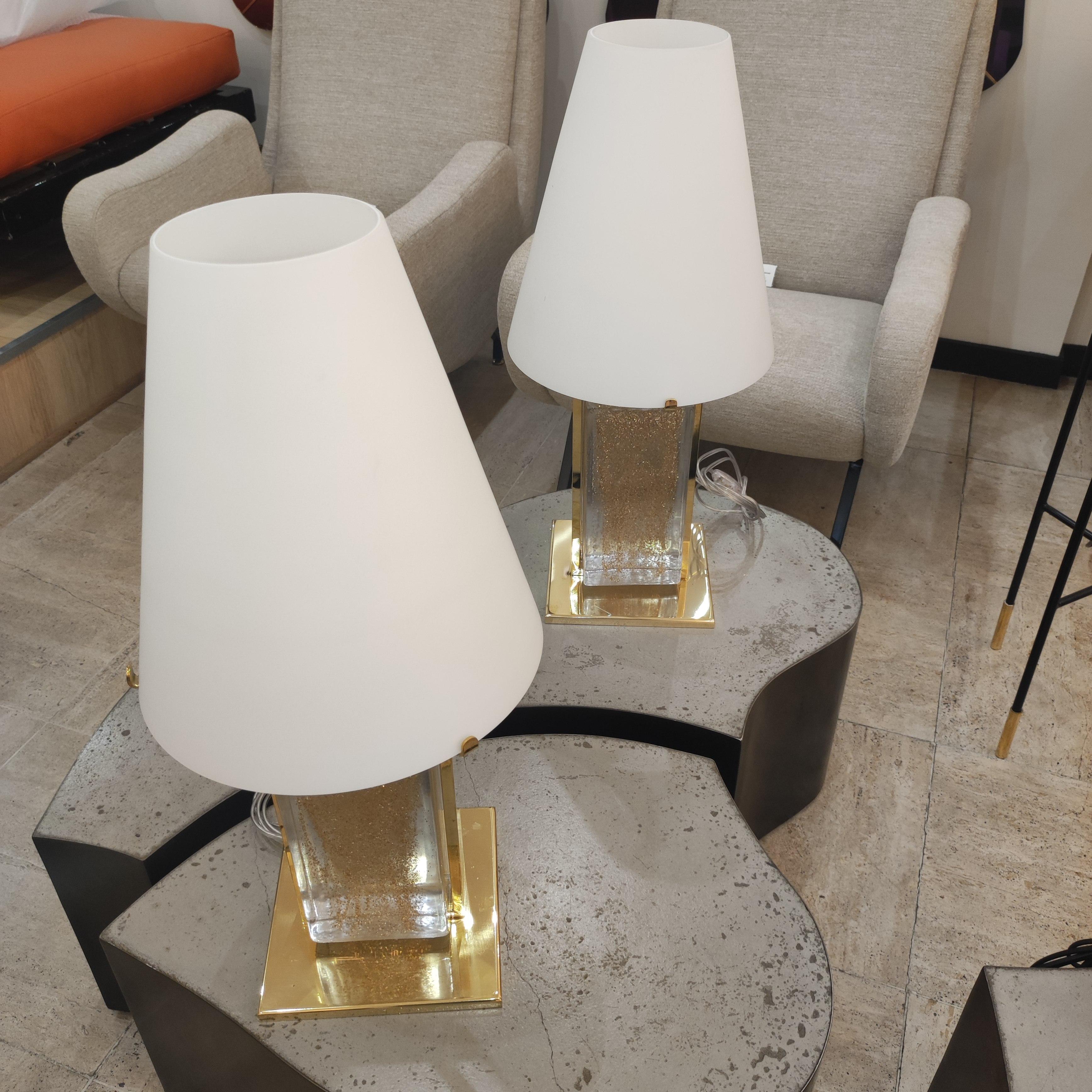 Pair of Murano Glass and Brass Table Lamps In Excellent Condition In Saint-Ouen, FR