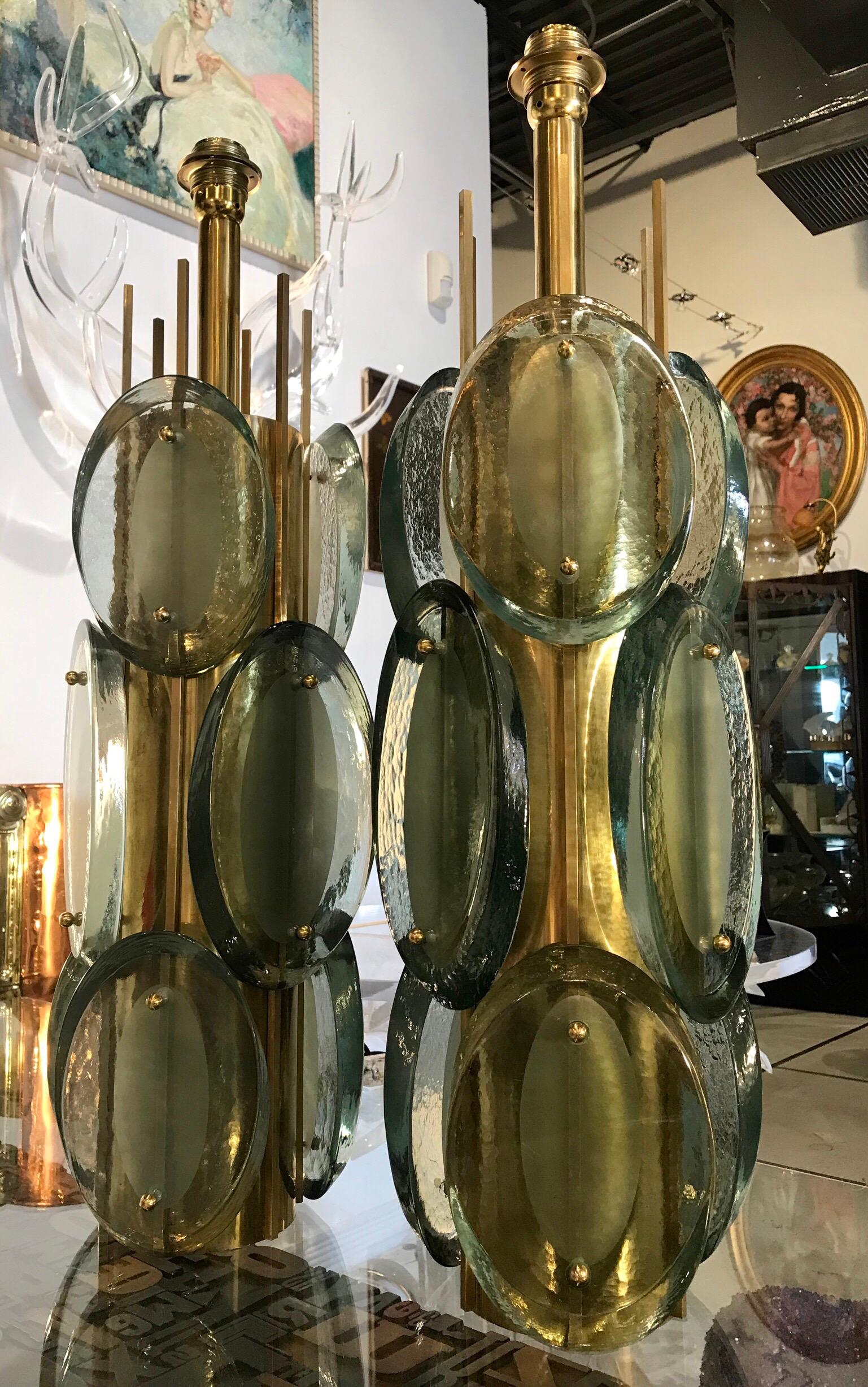 Italian Pair of Murano Glass and Brass Table Lamps