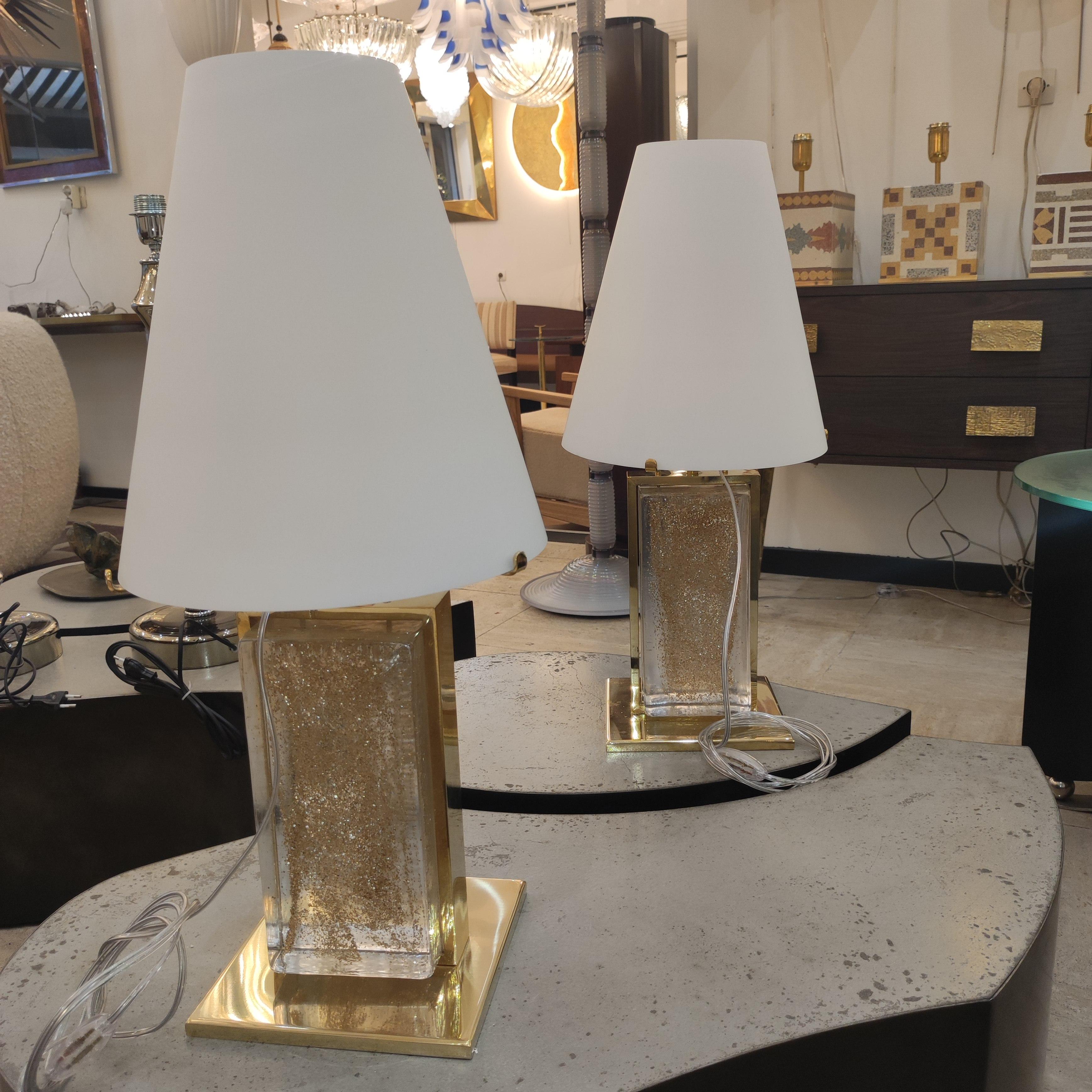 Contemporary Pair of Murano Glass and Brass Table Lamps