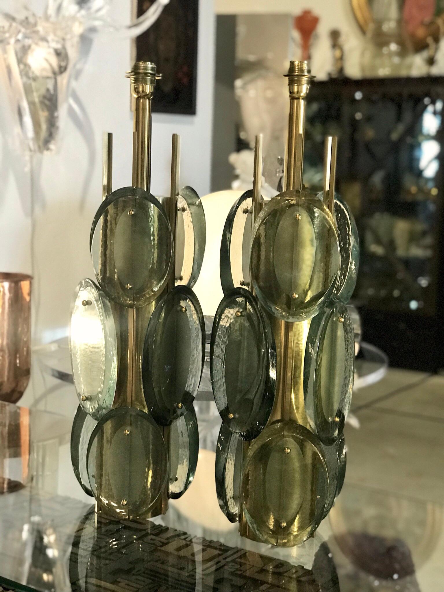 Pair of Murano Glass and Brass Table Lamps In Good Condition In Miami, FL