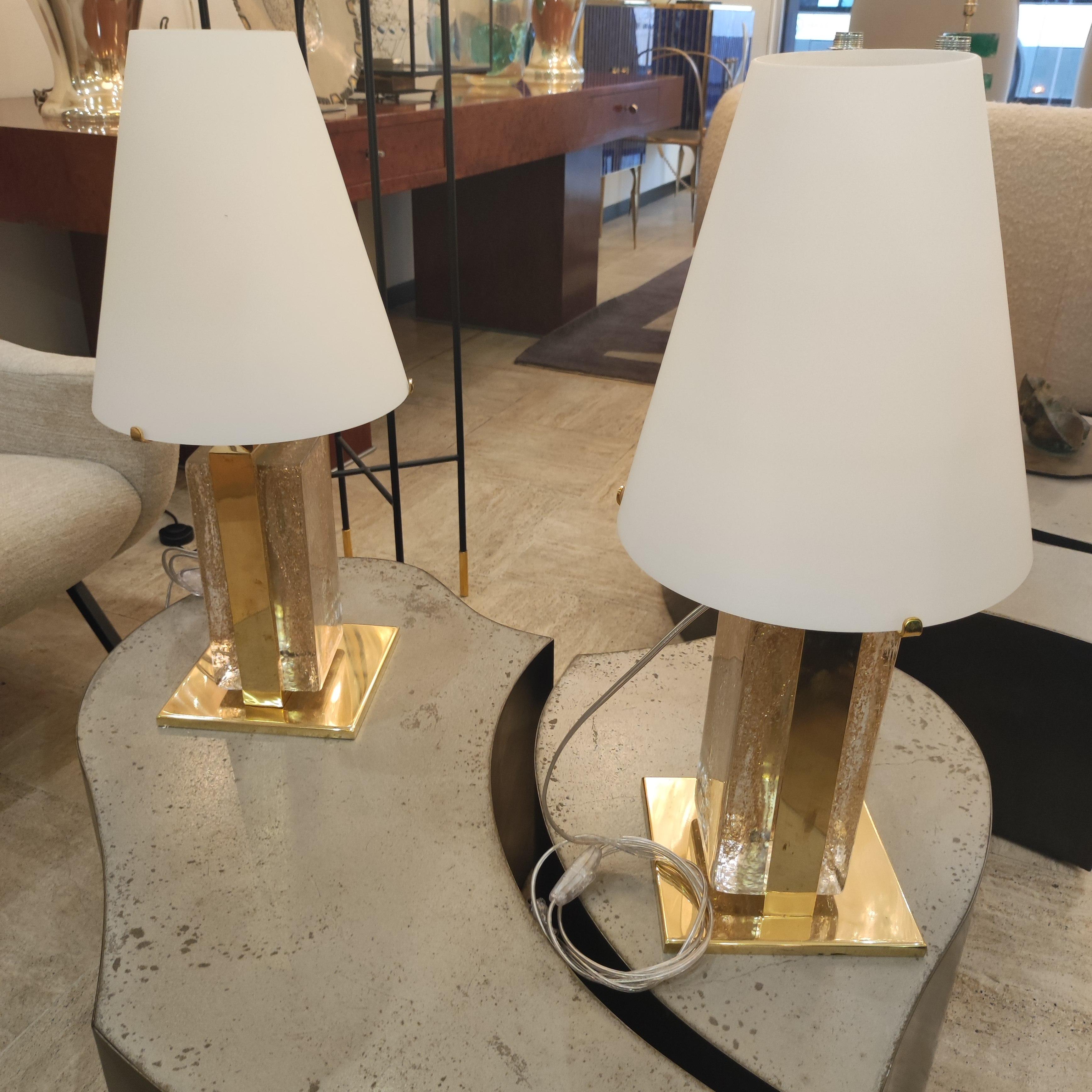 Pair of Murano Glass and Brass Table Lamps 1