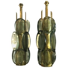 Pair of Murano Glass and Brass Table Lamps