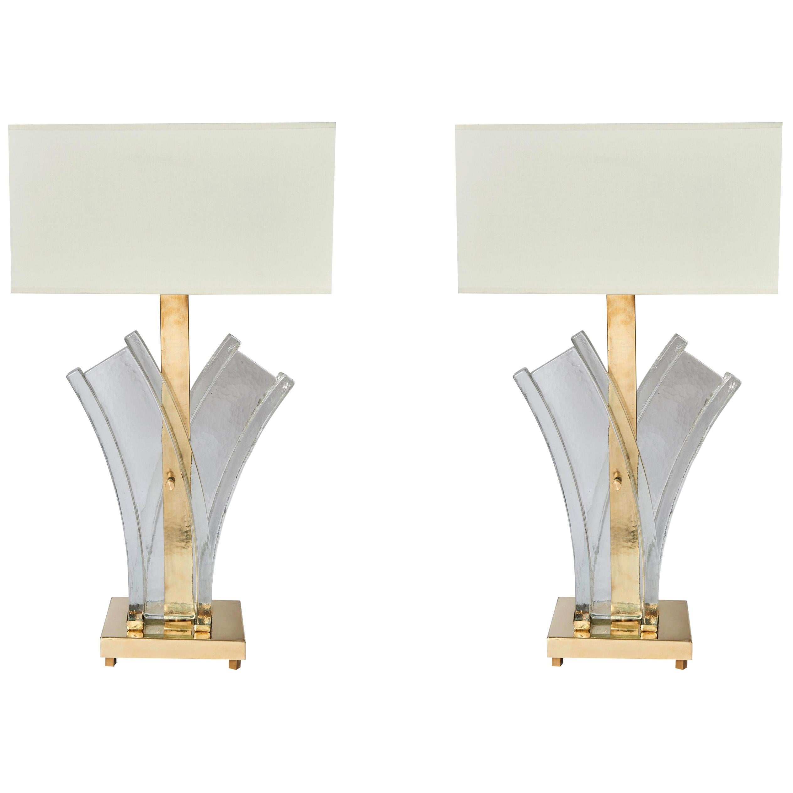 Pair of Murano Glass and Brass Table Lamps