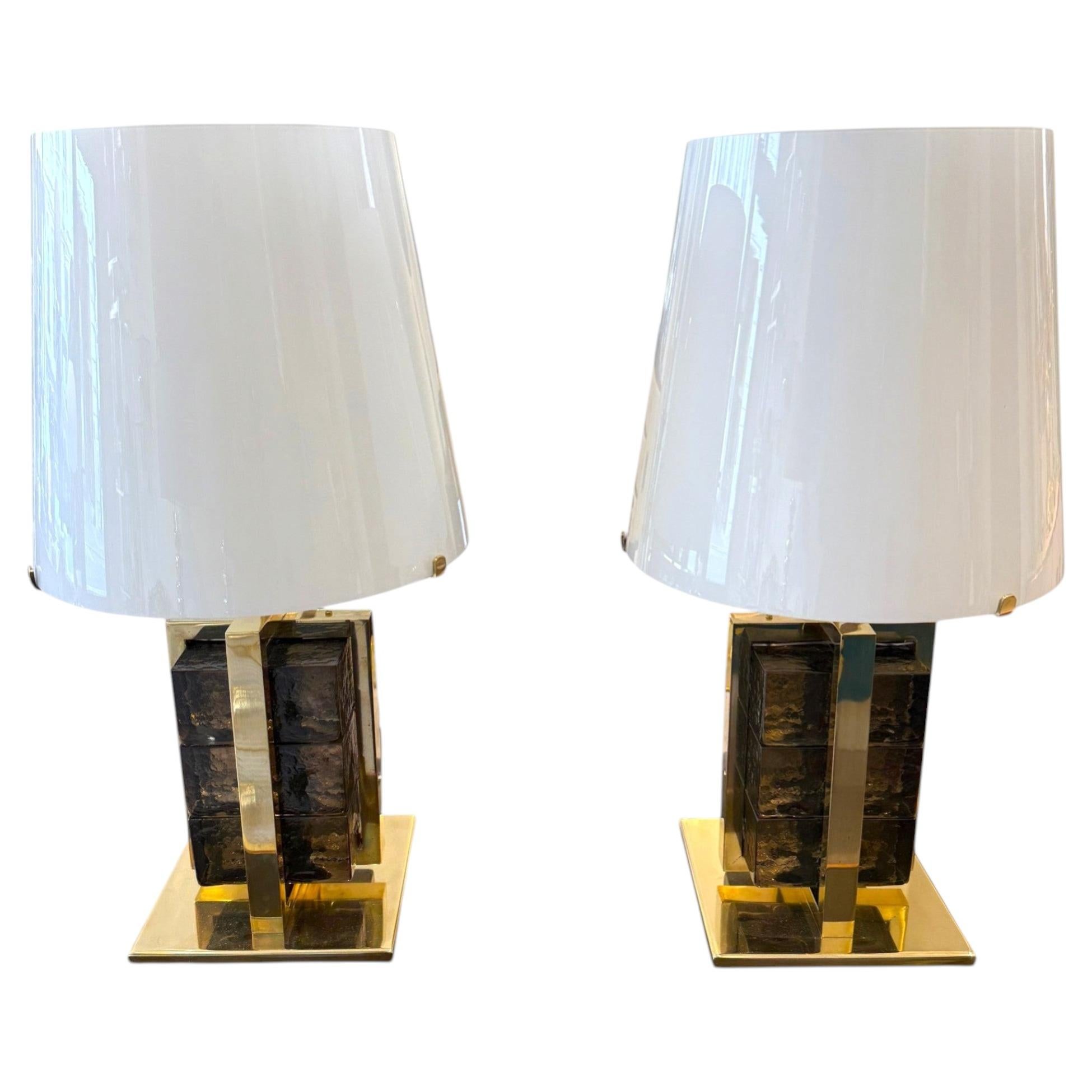 Pair of Murano Glass and Brass Table Lamps with Glass Shades, 21th Century