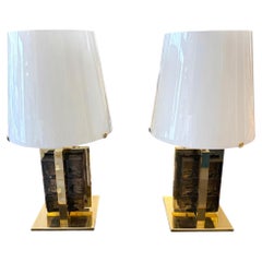 Pair of Murano Glass and Brass Table Lamps with Glass Shades, 21th Century