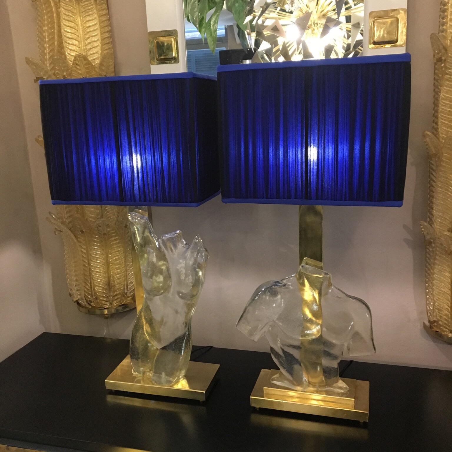 Modern Pair of Murano Glass and Brass Table Lamps with Silk Chiffon Lampshades, 1980s