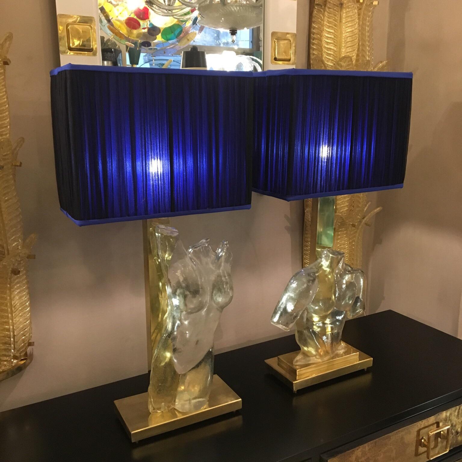 Italian Pair of Murano Glass and Brass Table Lamps with Silk Chiffon Lampshades, 1980s