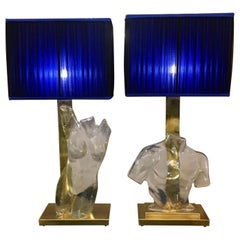 Vintage Pair of Murano Glass and Brass Table Lamps with Silk Chiffon Lampshades, 1980s